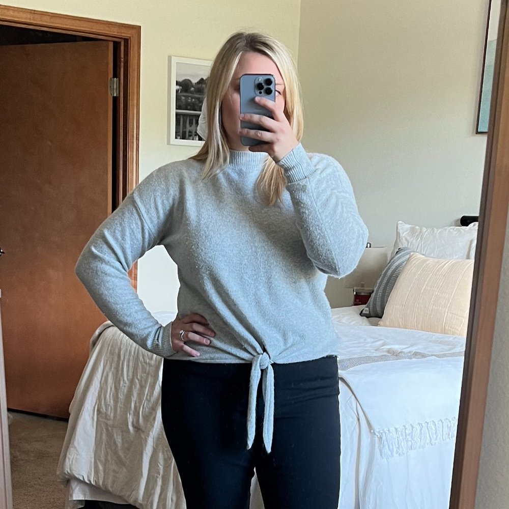 LOFT Light Gray Mock Neck Sweater Tie Front Wool Blend